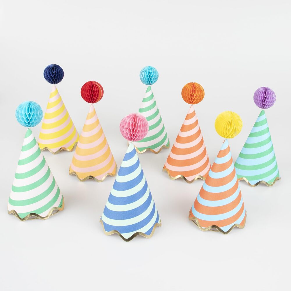 3413 Birthday Party Hats, Pack of 8 Bright and Colorful Cone Birthday Hats